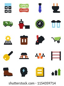 Color and black flat icon set - calculator vector, document, brainstorm, wheelbarrow, boot, clock, sea port, rack, tie, sun panel, key, moving, cafe building, open close, power plug, water filter