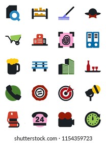 Color and black flat icon set - office binder vector, stamp, rake, wheelbarrow, bench, hospital, 24 hours, rack, microphone, video camera, call, building, document search, book, alcohol, beer, clock