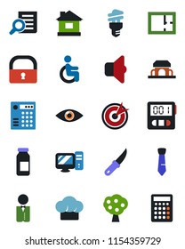 Color and black flat icon set - document search vector, house, garden knife, ampoule, disabled, eye, stopwatch, lock, tie, fruit tree, plan, waiter, cook hat, cafe building, pc, energy saving bulb
