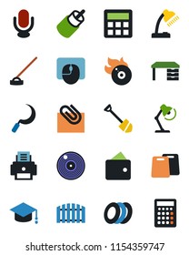 Color and black flat icon set - graduate vector, mouse, desk, job, hoe, sickle, vinyl, flame disk, microphone, rca, calculator, paper clip, lamp, printer, fence, plates, cutting board, wallet