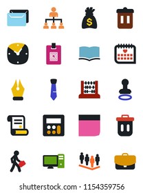 Color and black flat icon set - stamp vector, hierarchy, book, team, abacus, money bag, contract, medical calendar, calculator, clock, identity card, ink pen, blank box, tie, manager, mail, pc, case