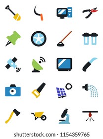 Color and black flat icon set - camera vector, job, wheelbarrow, watering, pruner, saw, hoe, sickle, garden knife, axe, microscope, satellite antenna, tv, paper pin, sun panel, fan, pc, water filter