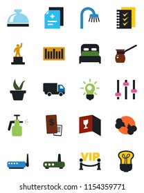 Color and black flat icon set - reception bell vector, pedestal, seedling, garden sprayer, diagnosis, broken bone, car delivery, barcode, tuning, checklist, bedroom, bathroom, wine card, vip zone
