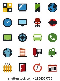 Color and black flat icon set - airport bus vector, phone, left arrow, earth, tv, video camera, cell, monitor, application, clock, target, notebook pc, heater, city house, intercome, door, calendar