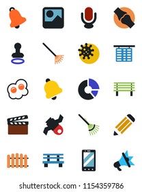 Color and black flat icon set - stamp vector, flight table, mobile phone, pencil, circle chart, fence, rake, bench, joint, virus, satellite, clapboard, microphone, gallery, bell, omelette