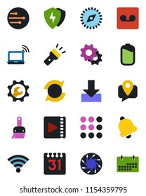 Color and black flat icon set - wireless notebook vector, mobile tracking, menu, camera, protect, settings, themes, bell, record, network, calendar, download, torch, compass, video, battery, update