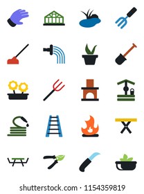 Color and black flat icon set - garden fork vector, shovel, farm, ladder, seedling, watering, pruner, glove, fire, well, hose, hoe, knife, fireplace, greenhouse, pond, picnic table, flower in pot