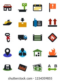 Color and black flat icon set - pin vector, important flag, store, cash, office phone, client, sea shipping, car delivery, term, container, up side sign, no hook, warehouse, package, heavy, scales