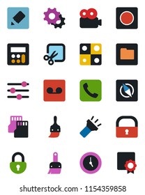 Color and black flat icon set - call vector, settings, tuning, themes, calculator, clock, record, sd, folder, notes, torch, cut, compass, lock, video, application, sertificate
