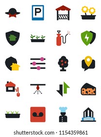 Color and black flat icon set - parking vector, seedling, garden sprayer, mobile tracking, protect, tuning, record, data exchange, fruit tree, flower in pot, cook, dress code, alcove, cheese