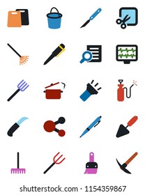 Color and black flat icon set - document search vector, pen, trowel, farm fork, rake, bucket, garden knife, sprayer, monitor pulse, scalpel, themes, torch, cut, cutting board, steaming pan