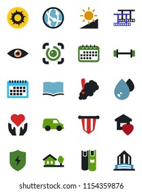 Color and black flat icon set - book vector, pennant, sun, barbell, heart hand, eye, film frame, network, protect, brightness, id, calendar, house with tree, sweet home, water, smoke detector, car