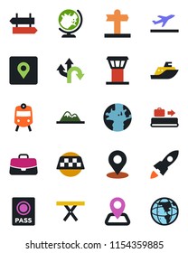 Color and black flat icon set - airport tower vector, taxi, departure, baggage conveyor, train, signpost, passport, globe, case, picnic table, route, navigation, earth, sea shipping, place tag
