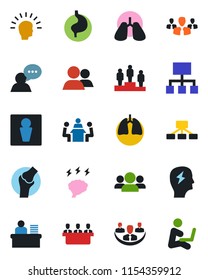 Color and black flat icon set - male vector, pedestal, brainstorm, stomach, lungs, joint, speaker, group, company, manager desk, meeting, shining head, hierarchy, man with notebook