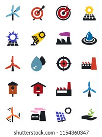 Color and black flat icon set - factory vector, bird house, target, sun panel, windmill, water, palm sproute