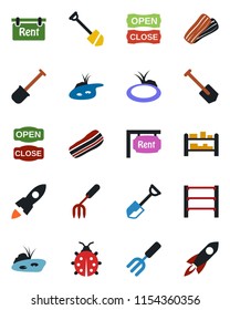 Color and black flat icon set - job vector, garden fork, shovel, lady bug, pond, rack, rent, bacon, open close, rocket
