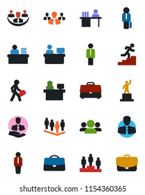 Color and black flat icon set - manager vector, pedestal, team, place, client, case, company, desk, career ladder, group