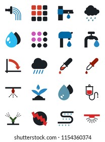 Color and black flat icon set - crisis graph vector, watering, water drop, rain, drip irrigation, dropper, menu, supply, sprinkler