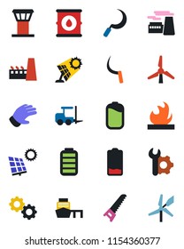 Color and black flat icon set - airport tower vector, fork loader, factory, glove, saw, sickle, sea port, flammable, oil barrel, battery, low, root setup, sun panel, windmill, gear