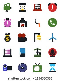 Color and black flat icon set - alarm clock vector, phone, abacus, well, sickle, vinyl, video camera, microphone, fireplace, tv, outdoor lamp, fridge, windmill, money bag, sand