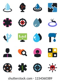 Color and black flat icon set - statistic monitor vector, water drop, pond, heart diagnostic, ambulance star, patient, route, reel, application, target, supply, fruit tree, estate agent, alarm led