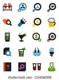 Color and black flat icon set - document search vector, blood test vial, heart diagnostic, ampoule, cargo, torch, estate, client, wine card, drink, cocktail, phyto bar, beer, energy saving bulb