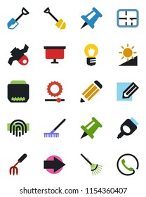 Color and black flat icon set - right arrow vector, presentation board, drawing pin, bulb, job, pencil, garden fork, shovel, rake, satellite, hdmi, brightness, fingerprint id, plan, phone