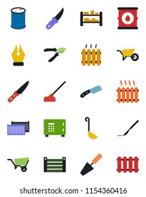 Color and black flat icon set - safe vector, trowel, wheelbarrow, pruner, hoe, garden knife, scalpel, cargo container, oil barrel, rack, ink pen, heater, ladle, radiator