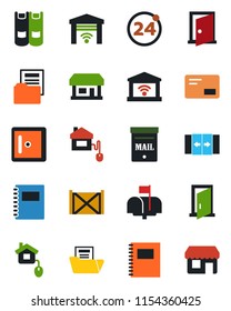 Color and black flat icon set - 24 around vector, automatic door, checkroom, book, store, container, mail, copybook, document folder, mailbox, home control, garage gate, storefront