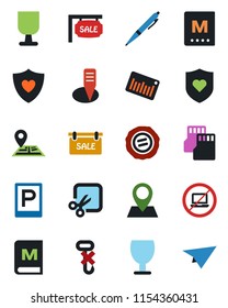 Color and black flat icon set - parking vector, no laptop, stamp, plant label, heart shield, navigation, pin, fragile, hook, barcode, sd, cut, pen, sale, menu, paper plane