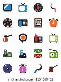 Color and black flat icon set - alarm clock vector, tv, abacus, stamp, sickle, reel, vinyl, radio, phone, office, open close, turkish coffee