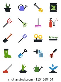Color and black flat icon set - job vector, garden fork, shovel, farm, rake, seedling, watering can, sproute, boot, hoe, sprayer, fertilizer, flower in pot, irrigation