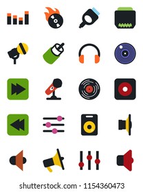 Color and black flat icon set - vinyl vector, flame disk, microphone, speaker, loudspeaker, settings, equalizer, headphones, fast forward, rewind, rec button, rca, hdmi, tuning, sound
