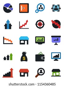 Color and black flat icon set - shop vector, checkroom, growth statistic, money bag, crisis graph, monitor statistics, pie, hr, target, consumer search, arrow up, wallet, presentation, storefront