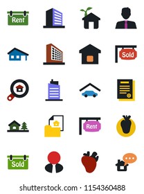 Color and black flat icon set - office building vector, real heart, contract, house with garage, tree, estate document, rent, sold signboard, search, agent, smart home, city, eco, message