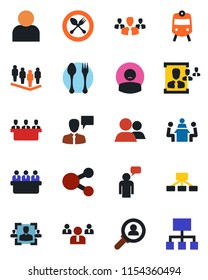 Color and black flat icon set - spoon and fork vector, train, speaking man, team, meeting, patient, group, user, hr, consumer search, social media, hierarchy