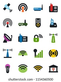 Color and black flat icon set - antenna vector, satellite, office phone, remote control, radio, wireless, cellular signal, lock, router, garage gate