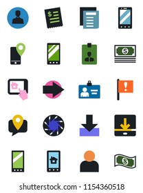 Color and black flat icon set - right arrow vector, mobile phone, identity card, document, important flag, cash, tracking, camera, user, download, restaurant receipt, home control app