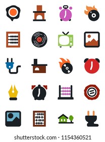 Color and black flat icon set - alarm clock vector, tv, abacus, stamp, fireplace, vinyl, flame disk, gallery, ink pen, house with tree, power plug