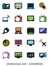 Color and black flat icon set - plane radar vector, wireless notebook, pc, statistic monitor, pulse, tv, touch screen, laptop, hdmi, statistics, intercome