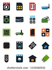 Color and black flat icon set - calculator vector, speaker, phone back, sim, washer, smart home, credit card, chip, remote control, router, usb flash