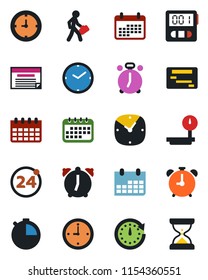 Color and black flat icon set - 24 around vector, alarm clock, calendar, heavy scales, stopwatch, manager, schedule, sand