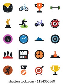 Color and black flat icon set - pedestal vector, medal, barbell, bike, run, clock, stopwatch, target, mountains, award cup
