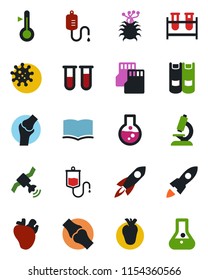 Color and black flat icon set - book vector, blood test vial, dropper, microscope, real heart, joint, virus, satellite, sd, thermometer, rocket, flask