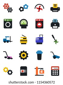 Color and black flat icon set - coffee machine vector, washer, fork loader, gear, ripper, lawn mower, tomography, printer, copier, crane, water filter, combination lock