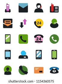 Color and black flat icon set - phone vector, mobile, office, 24 hours, support, cell, radio, mail, call, data exchange