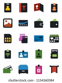 Color and black flat icon set - credit card vector, identity, medical calendar, gallery, sd, sim, archive box, wine, pass, wallet, pennon