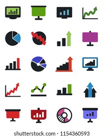 Color and black flat icon set - growth statistic vector, presentation board, crisis graph, monitor, circle chart, statistics, bar, pie, point, arrow up