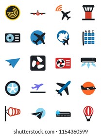 Color and black flat icon set - plane vector, airport tower, radar, departure, wind, seat map, globe, air conditioner, fan, paper, balloon