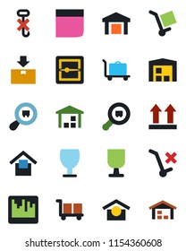 Color and black flat icon set - baggage trolley vector, fragile, cargo, warehouse storage, up side sign, no, hook, package, search, scanner, blank box